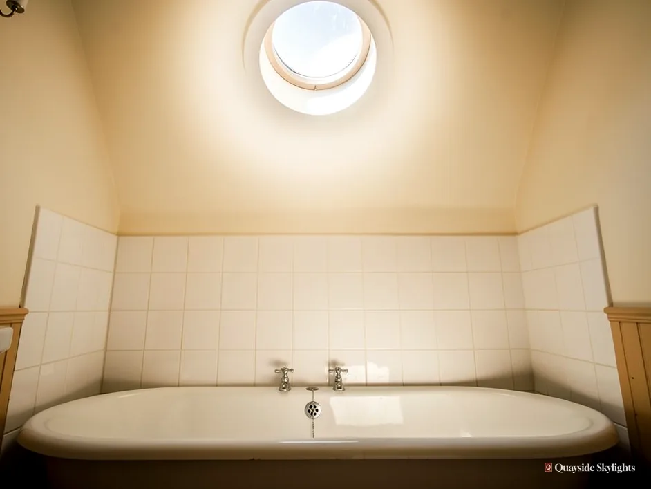 Bath against a tiled wall beneath a round sun tunnel in the ceiling