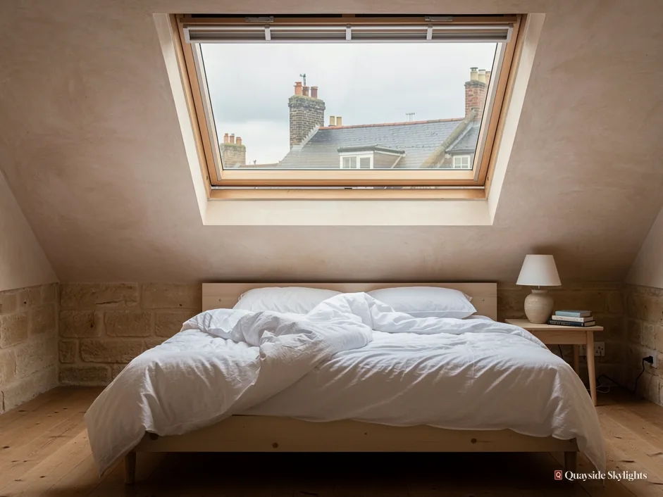 Bedroom with a roof window looking out over chimneys and neighbouring roofs