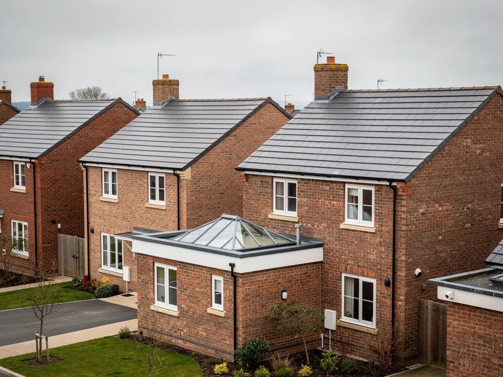 Modern brick detached houses with a roof lantern extension seen from above