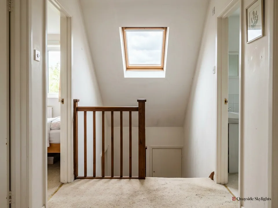 Landing with a dark timber banister, open doors and a small roof window