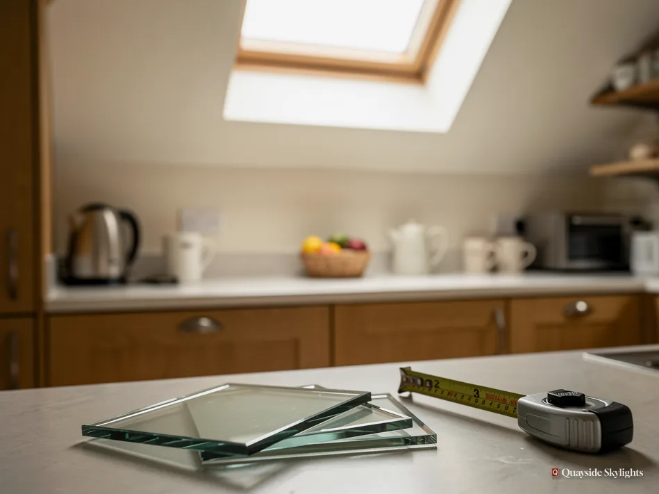 Kitchen worktop with a sheet of glass and a tape measure beneath a roof window