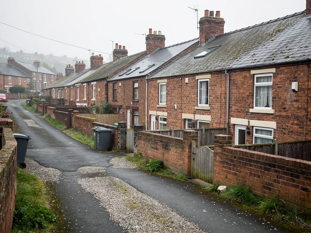 Back lane on a misty day beside rows of brick terraces