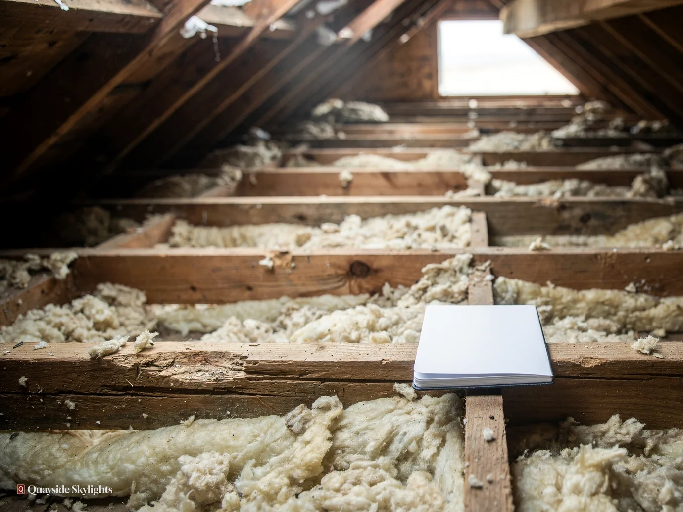 Dim unconverted loft with old insulation between joists and a shaft of daylight