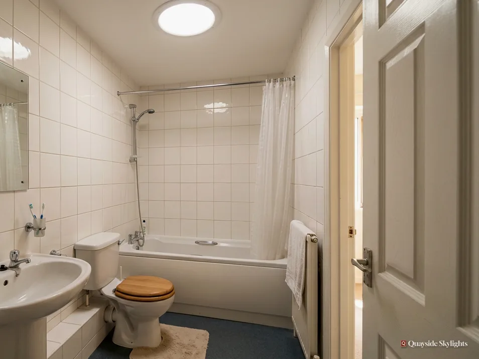 Small bathroom with a bath, toilet and basin under a sun tunnel diffuser