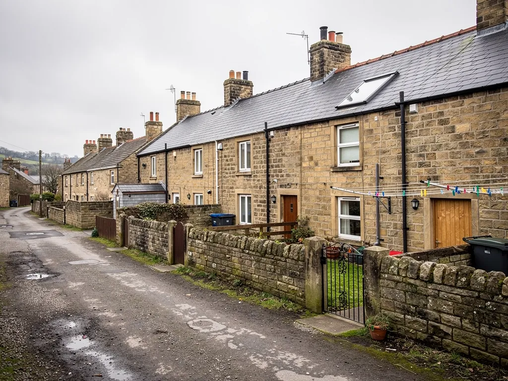 Sandstone terraces behind stone walls on a puddled lane with bunting