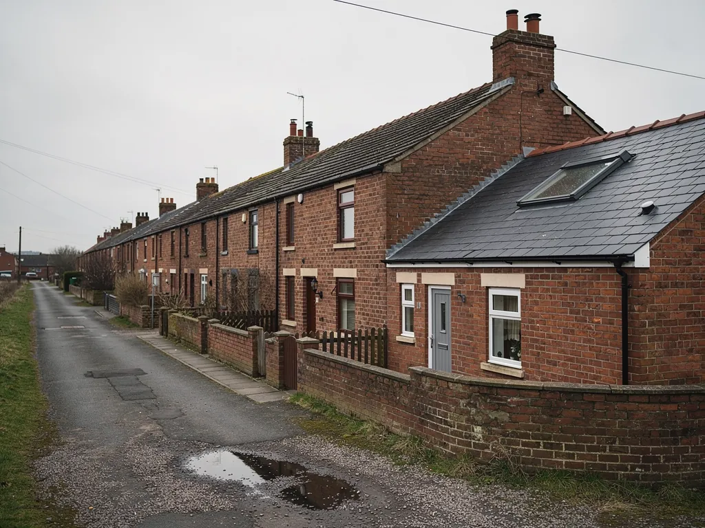 Brick terraced row with roof windows beside a cracked back lane