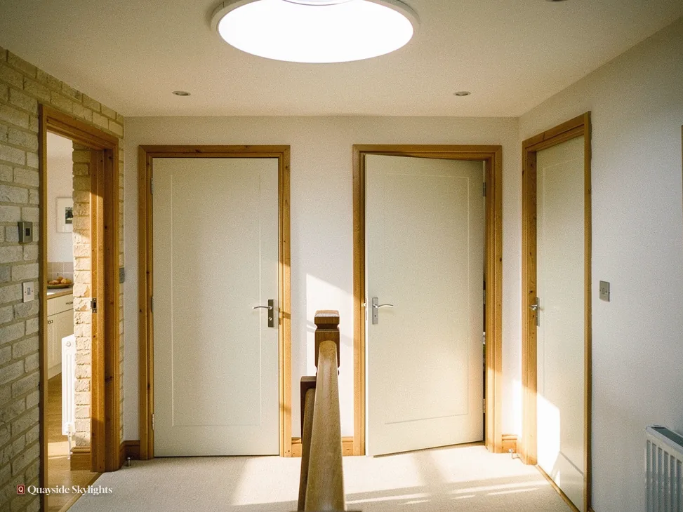 Hallway with white doors and a stone wall lit by a sun tunnel diffuser