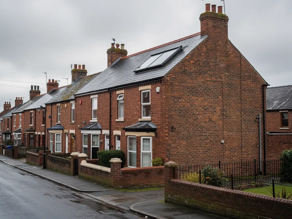 Brick terraced houses with roof windows and railings along a wet street