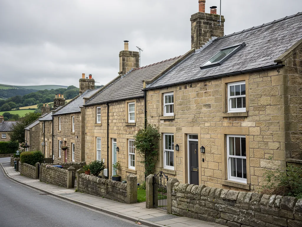 Sandstone terraced cottages on a sloping street with hills behind