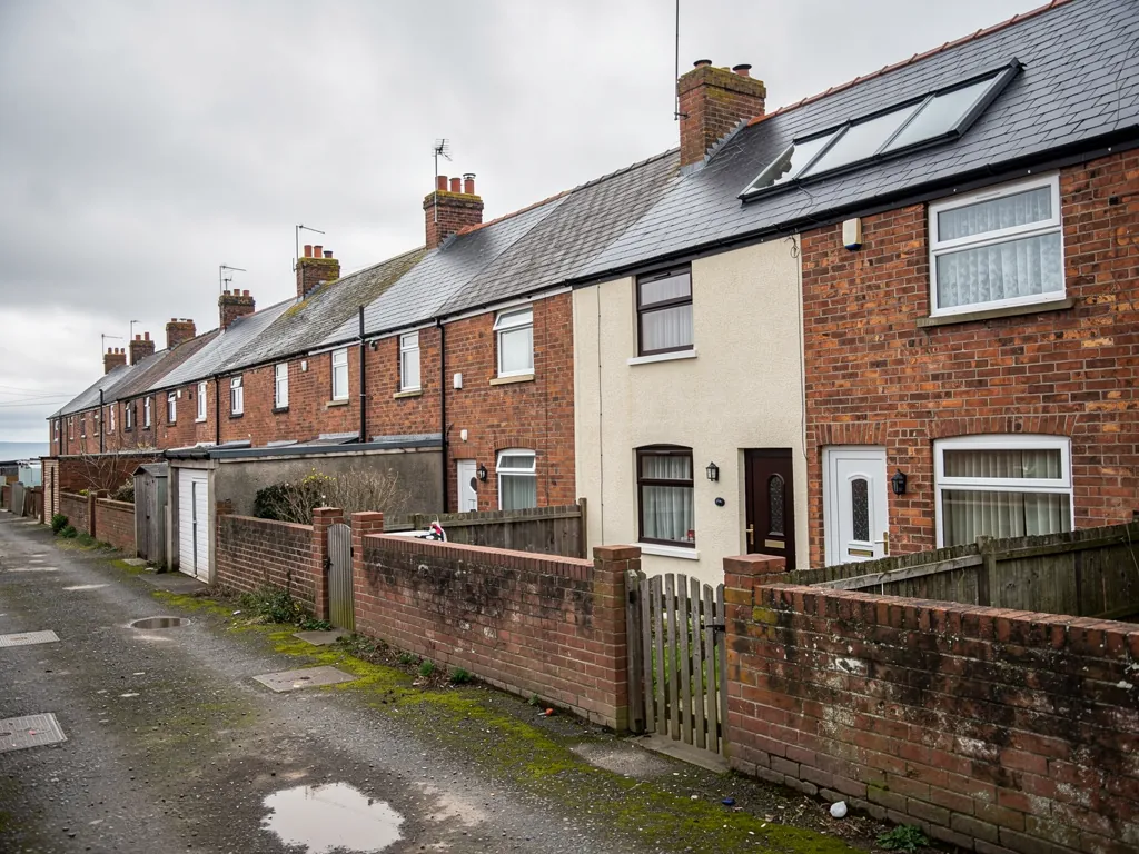 Back lane behind brick and cream rendered terraced houses