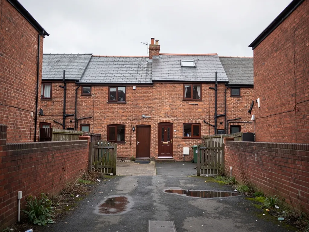 Rear yards of brick terraced houses around a small paved courtyard