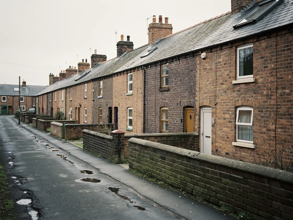 Wet back lane alongside a long row of brick terraced cottages