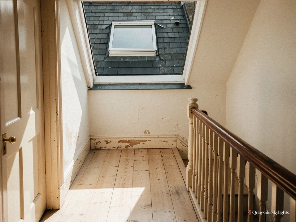 Landing with pine floorboards, a timber banister and a roof window above