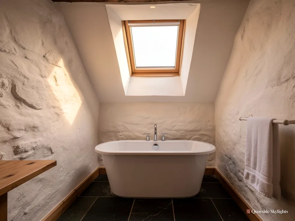 Freestanding bath between rough stone walls beneath a pine roof window