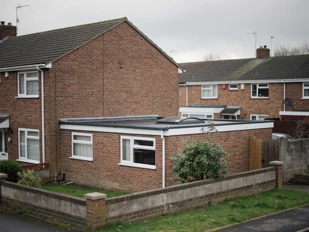 Brick semi-detached house with a flat-roofed side extension and garden