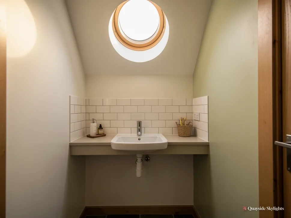 Small cloakroom basin with white tiles under a round sun tunnel