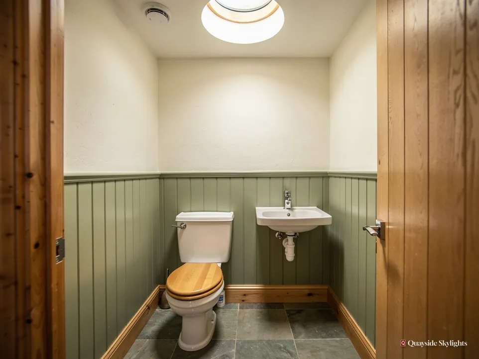 Cloakroom with a toilet, basin and green panelling under a sun tunnel
