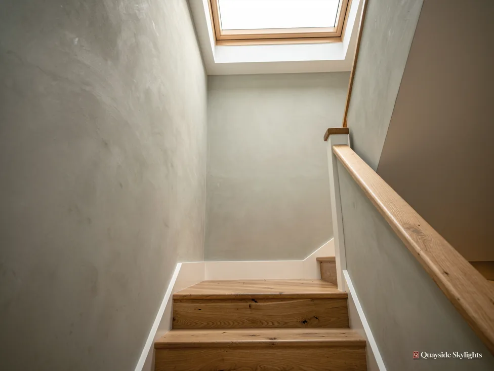 Narrow stair with a pine handrail beneath a rooflight