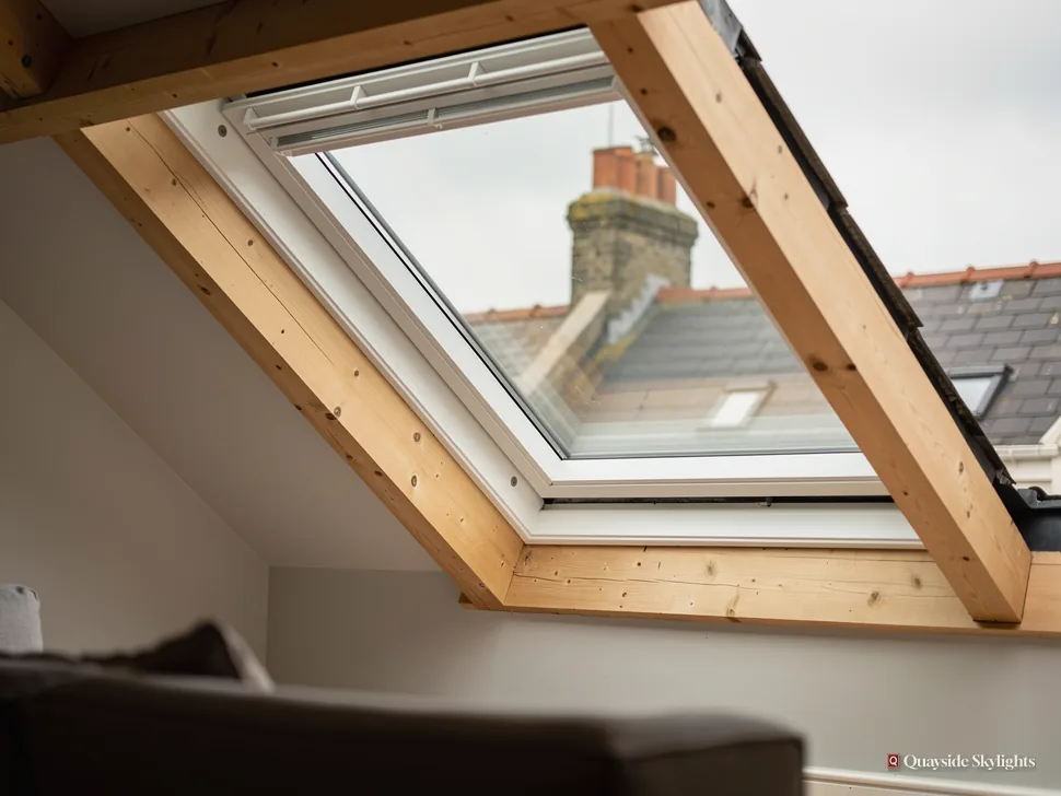 Pine roof window framing a chimney stack and neighbouring roofs