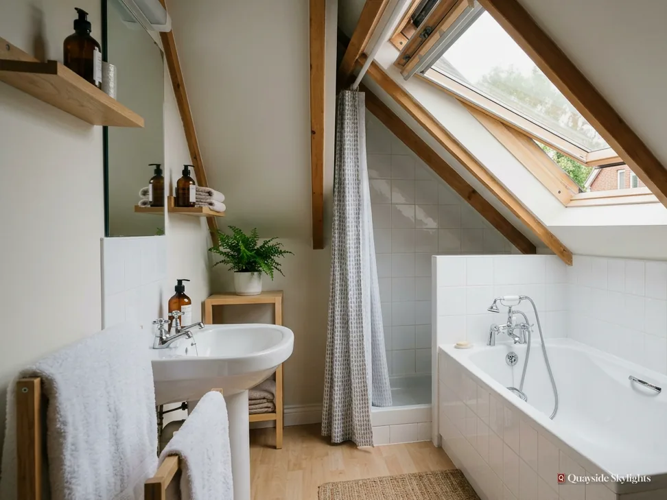 Bathroom with a bath, basin and shower curtain under an open roof window