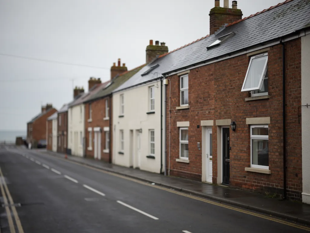 Brick and painted terraced houses along a road with the sea in the distance