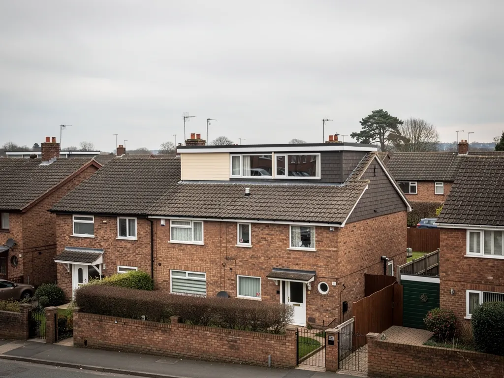 Brick semi-detached houses with a loft dormer and front hedges