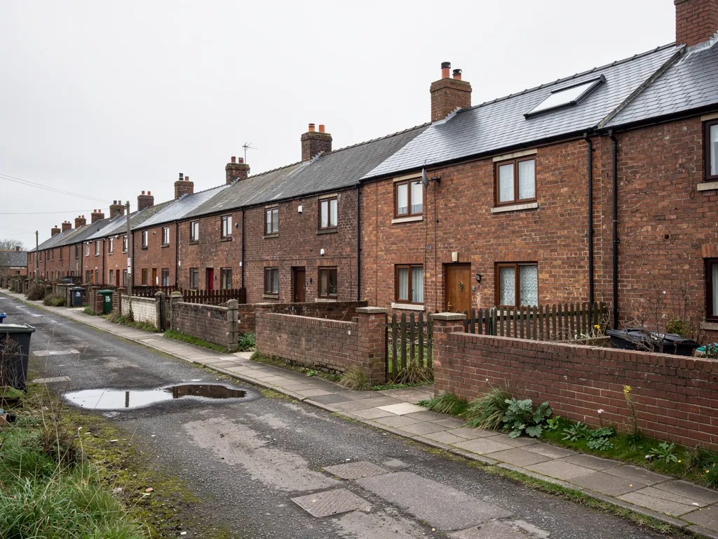 Long brick terrace row with roof windows beside a puddled lane