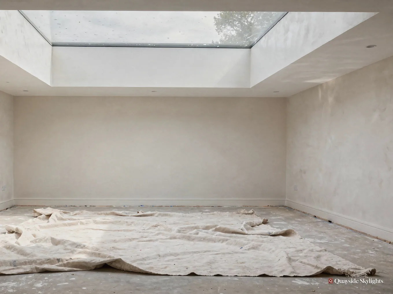 Empty room with dust sheets on the floor beneath a flat rooflight