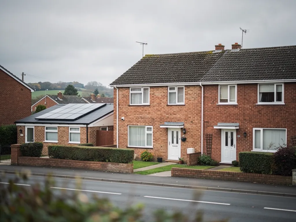 Brick semis with solar panels on a side extension along a main road