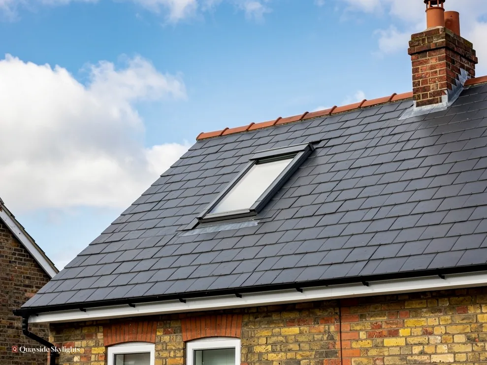 Slate roof with a roof window and brick chimney against a blue sky