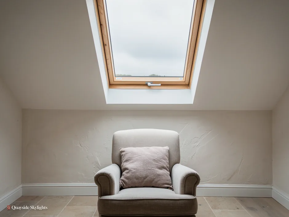 Single armchair in a plain room under a pine roof window