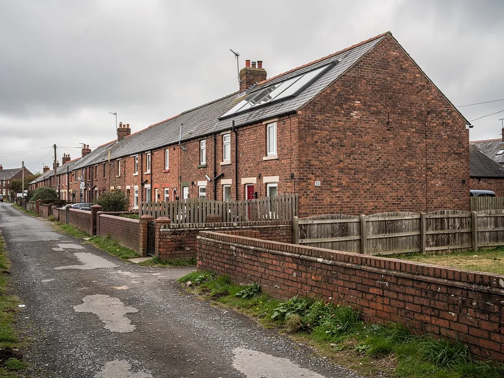 Back lane beside brick terraces with roof windows and timber fences