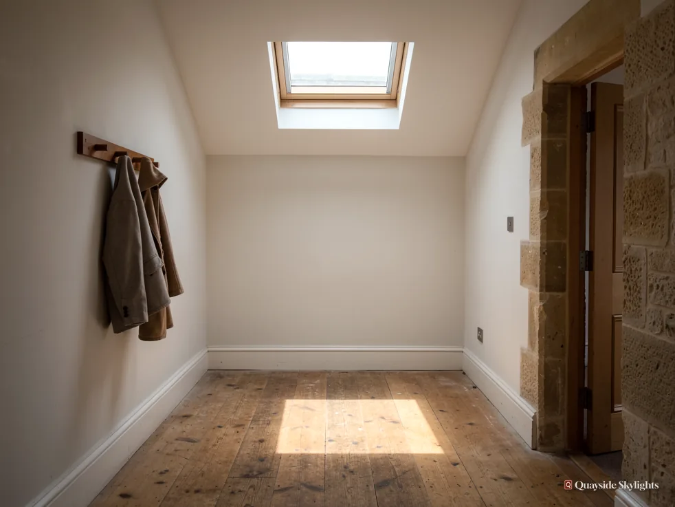 Plain room with a coat on a hook and sunlight from a rooflight on the floor