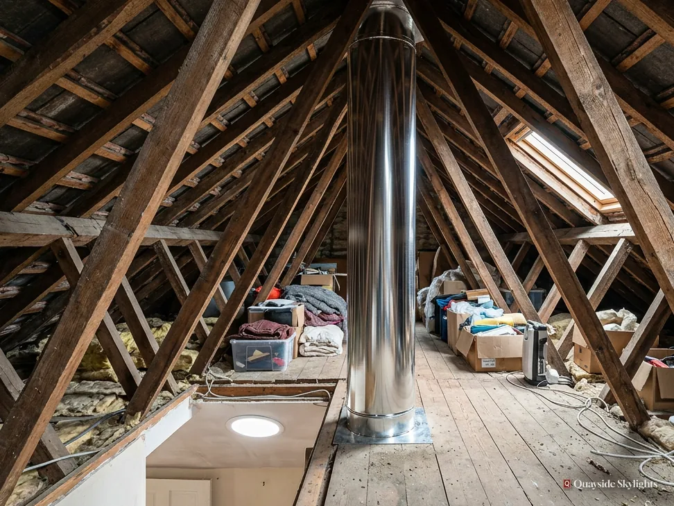 Loft with timber trusses, stored boxes and a metal duct running up to the roof