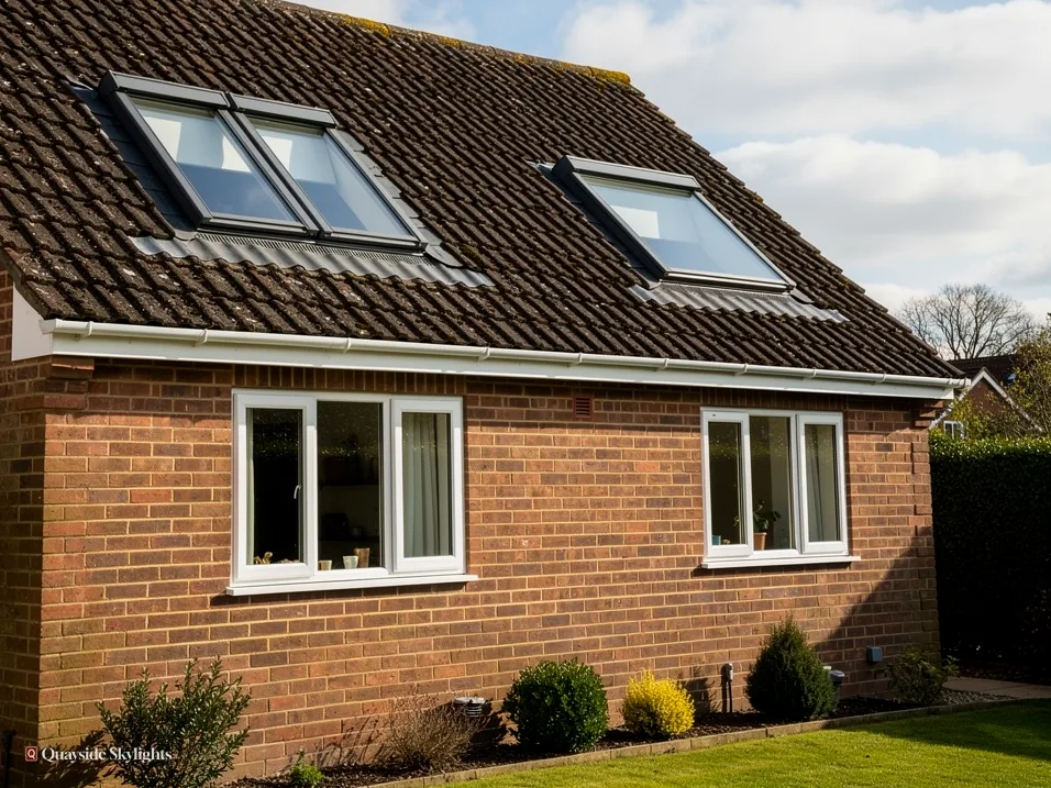 Brick bungalow with two roof windows in a tiled roof and a lawn