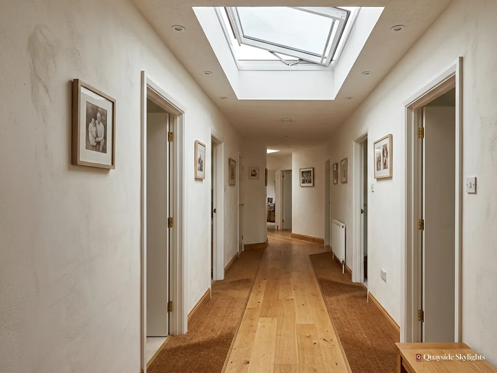 Long hallway with oak flooring and a roof window set in the ceiling