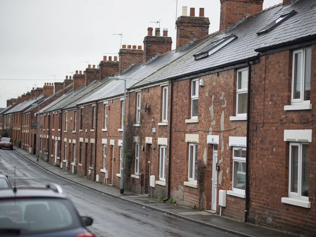 Brick terraced houses on a sloping street with a parked car