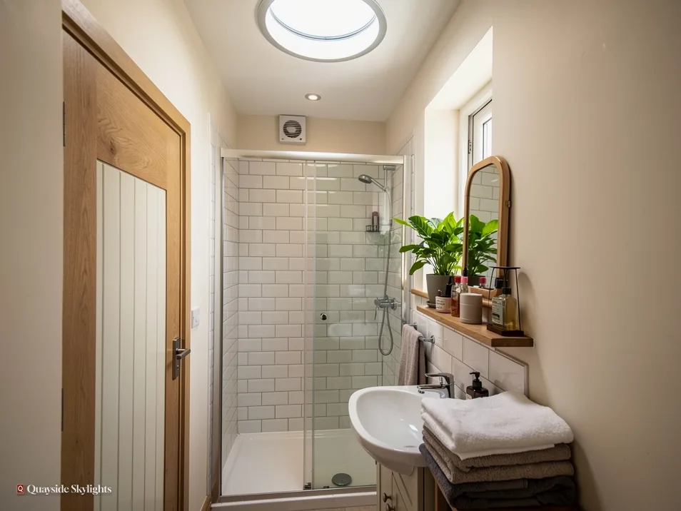 Shower room with a basin, mirror and plant beneath a sun tunnel