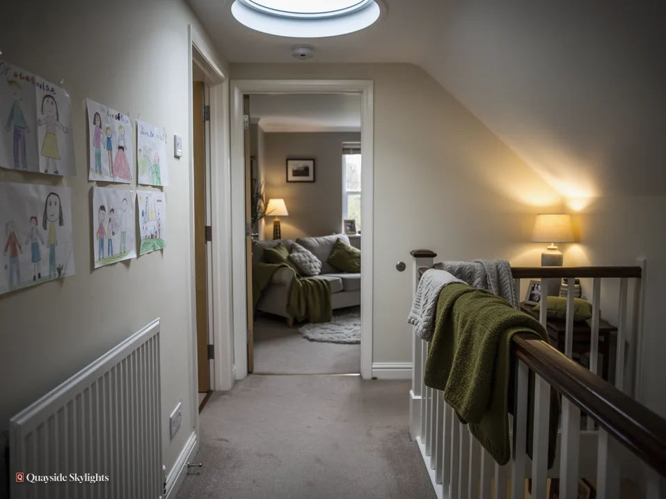Landing with children's drawings on the wall and a sun tunnel overhead
