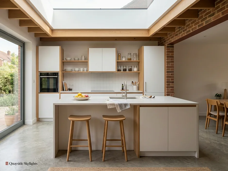 Kitchen with an island, wooden stools and a flat rooflight between beams