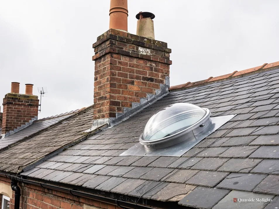 Clear domed rooflight on a slate roof between brick chimney stacks
