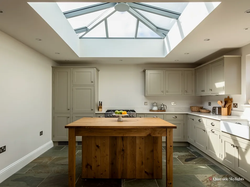 Shaker kitchen with a wooden island beneath a roof lantern
