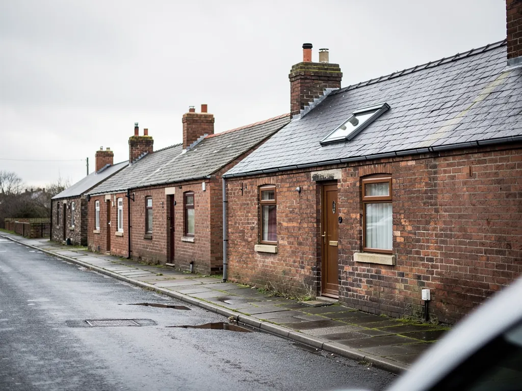 Single-storey brick cottages with a roof window along a wet road