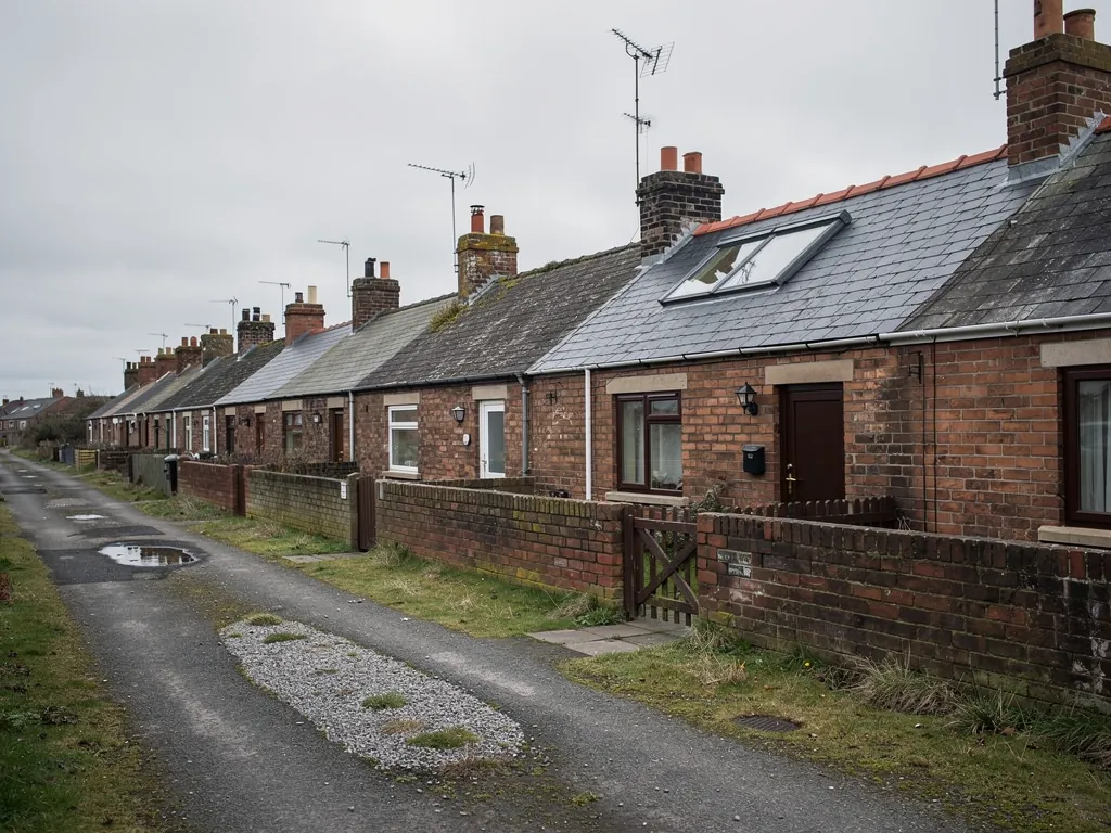 Back lane with gravel patches beside low brick terraced houses