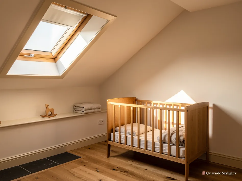 Nursery with a wooden cot lit by a pine roof window