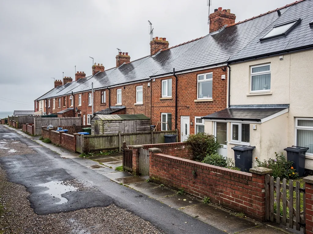Back of brick and painted terraced houses along a puddled lane