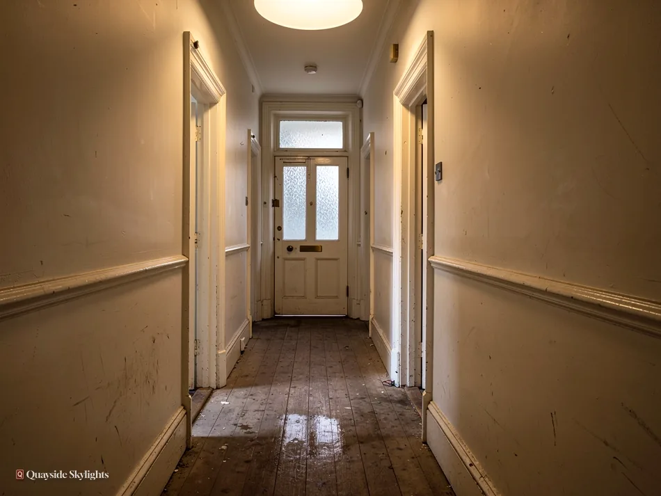 Narrow hallway with worn floorboards leading to a front door with a fanlight