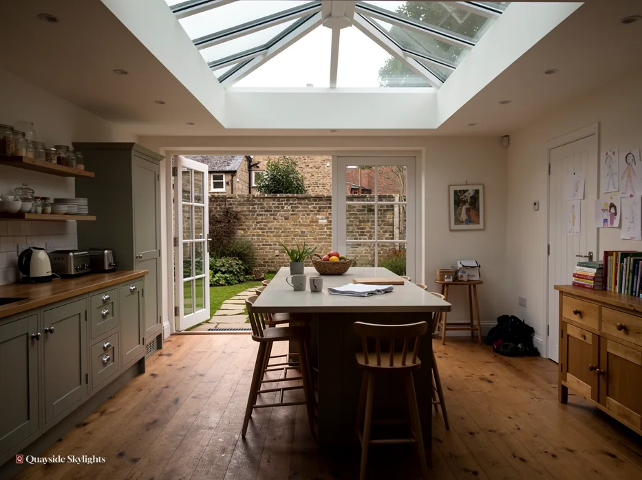 Kitchen diner with a long table and garden doors beneath a roof lantern