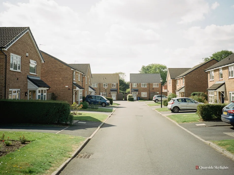 Modern cul-de-sac of brick houses with parked cars and grass verges