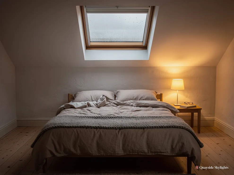 Bedroom lit by a bedside lamp beneath a roof window